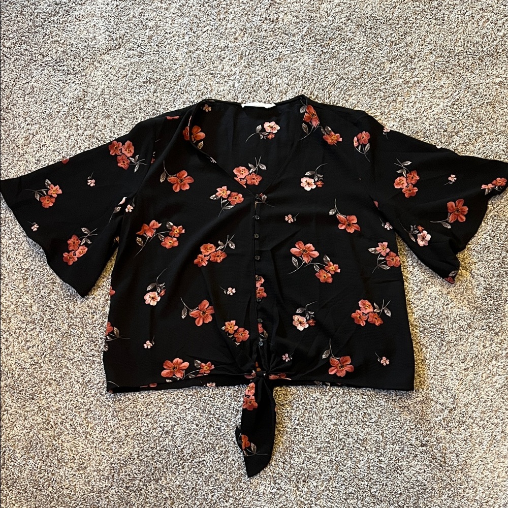 Lush Black Floral Tie-Front Blouse